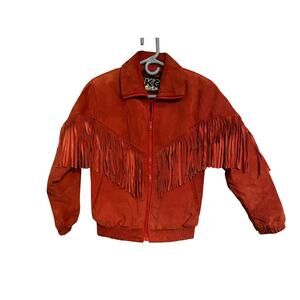 KC Collection Womens Small Red Genuine Leather Fringe Coat Western Boho Rodeo